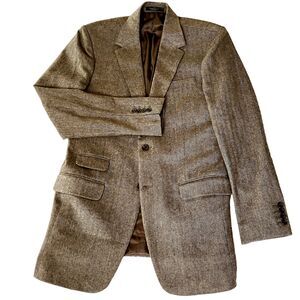 StudioSuits Wool Tweed Sport Coat Herringbone Brown Ticket Pocket 38 Academia